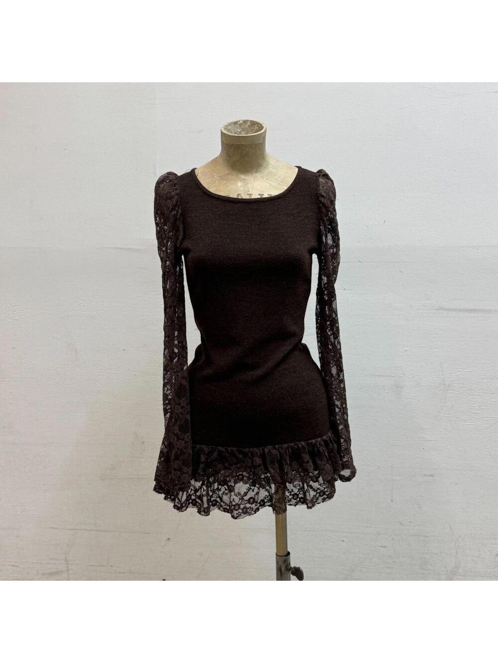 Vintage Chocolate Lace-Trimmed Drop Waist Knit Mini Dress